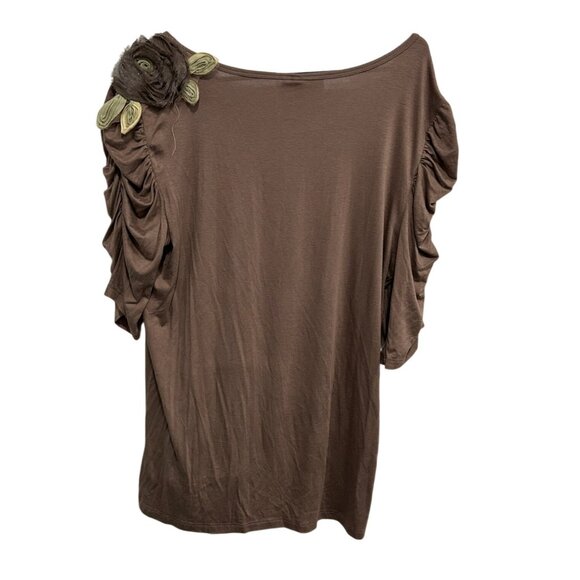Susan Lawrence Brown Ruched Sleeve Top With Floral Accent Top Size Large - Picture 2 of 8